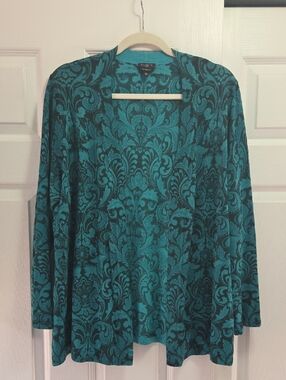 Talbots Teal & Black Damask Open Cardigan